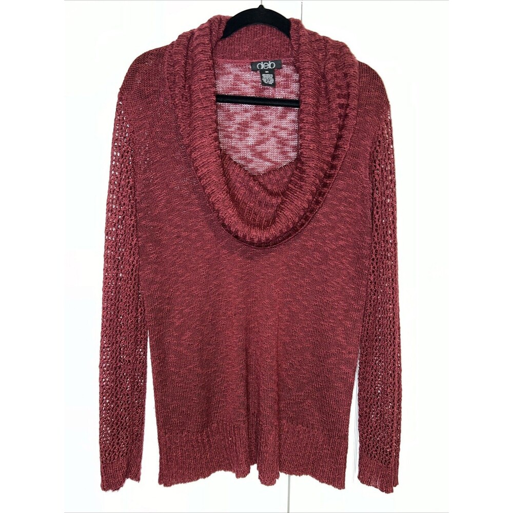 Deb Womens Cowl Neck Sweater Plus 3X Open Weave Knit Maroon Stretch Long Sleeve